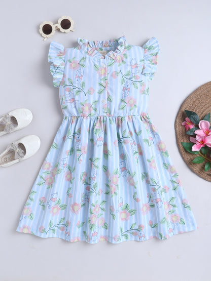 Girls Printed Woven Frock- Blue Panda