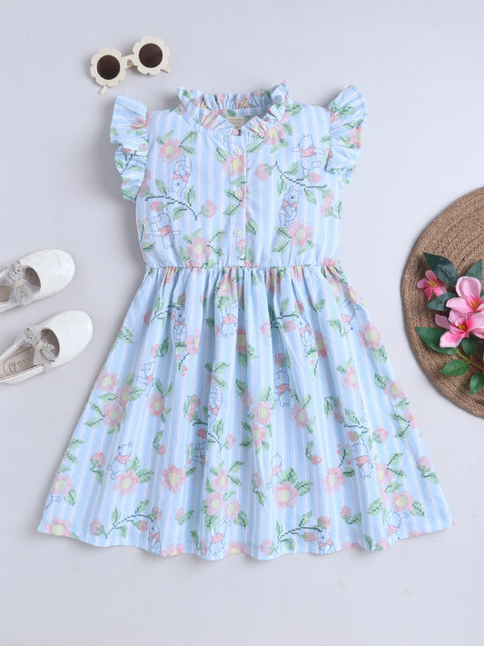 Girls Printed Woven Frock- Blue Panda
