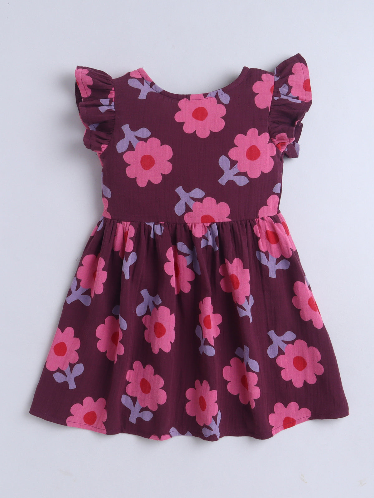 Girls Muslin Dress - Maroon Flower
