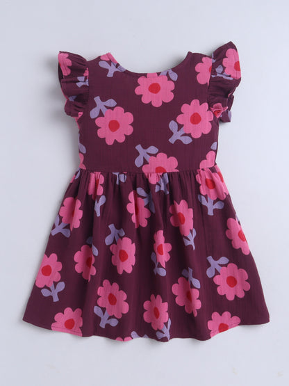 Girls Muslin Dress - Maroon Flower