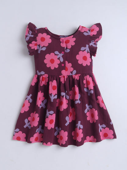 Girls Muslin Dress - Maroon Flower