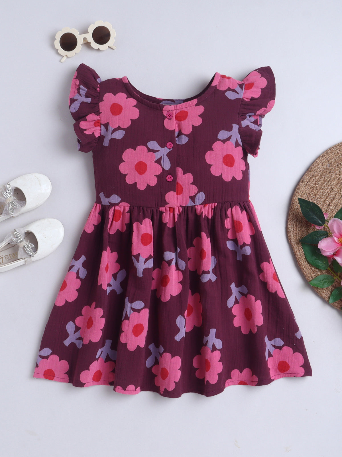 Girls Muslin Dress - Maroon Flower