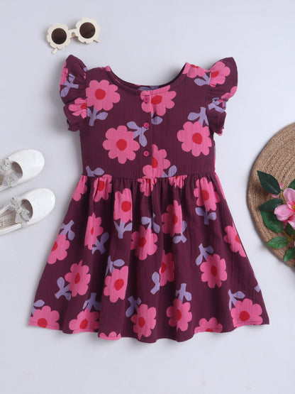 Girls Muslin Dress - Maroon Flower