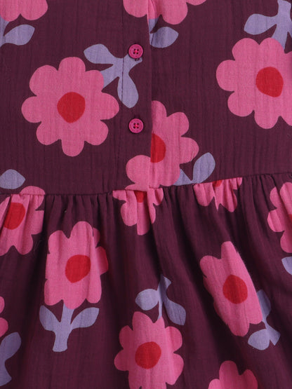 Girls Muslin Dress - Maroon Flower