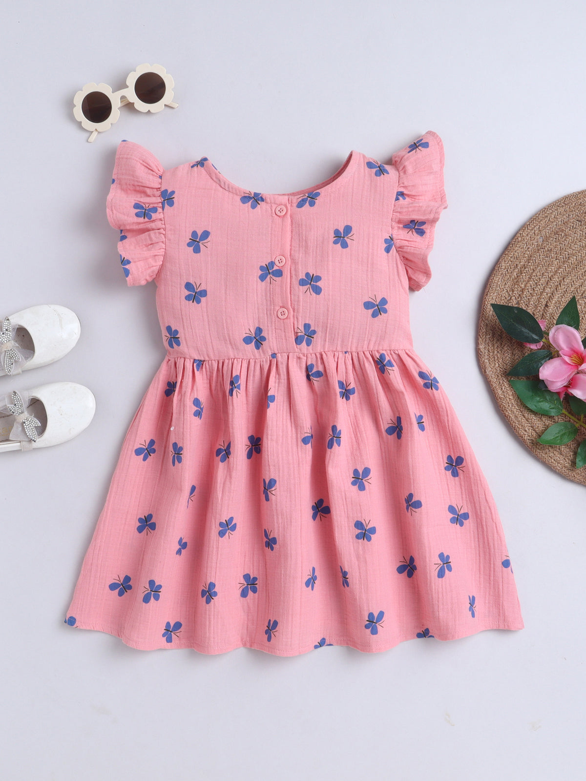Girls Muslin Dress - Pink Butterfly