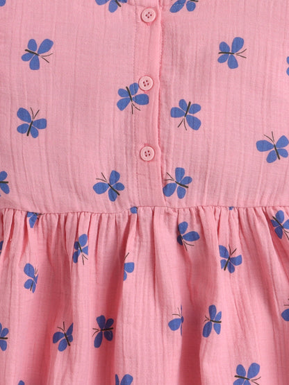 Girls Muslin Dress - Pink Butterfly