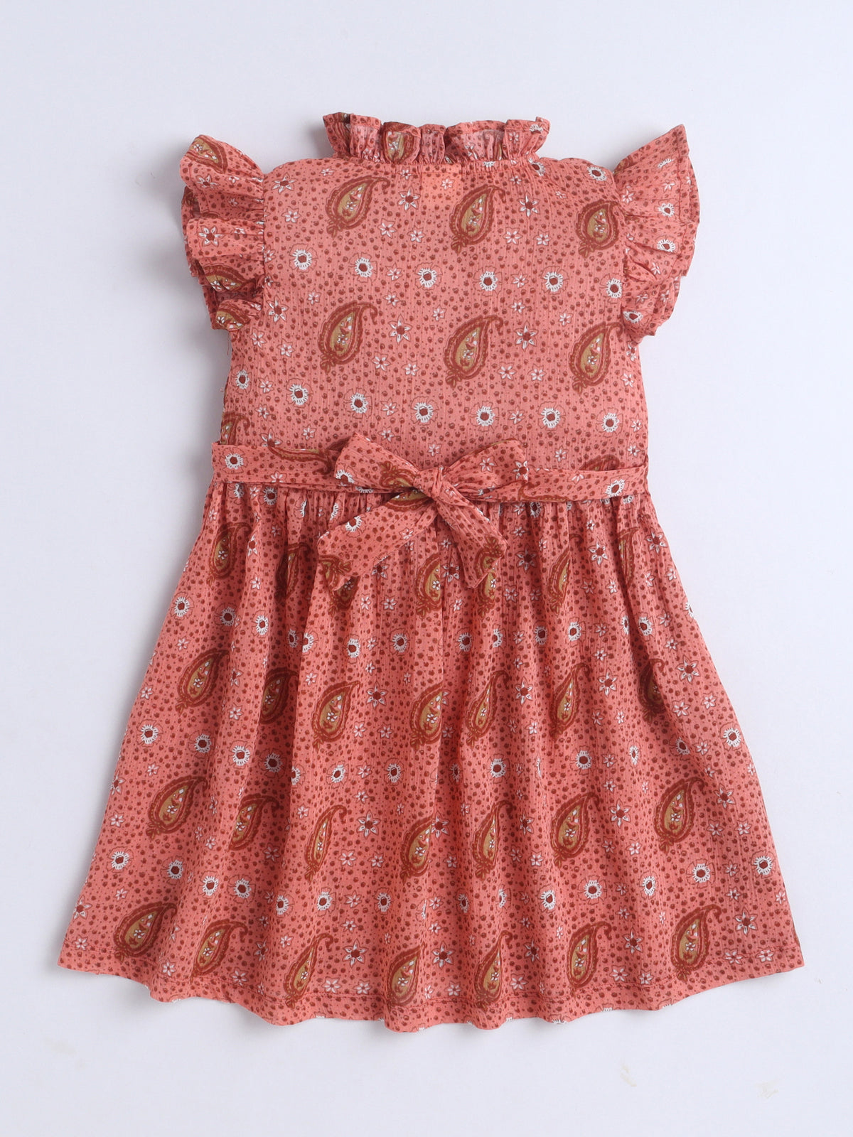 Girls Printed Woven Frock- Brown Leaf AOP