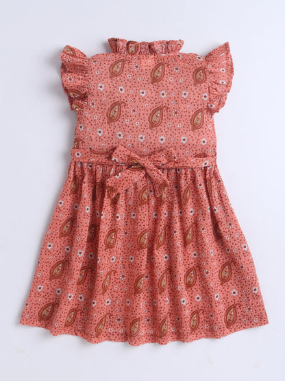 Girls Printed Woven Frock- Brown Leaf AOP