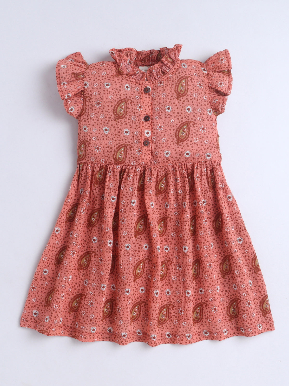 Girls Printed Woven Frock- Brown Leaf AOP