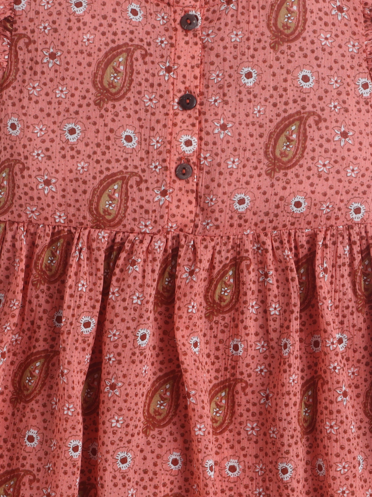 Girls Printed Woven Frock- Brown Leaf AOP