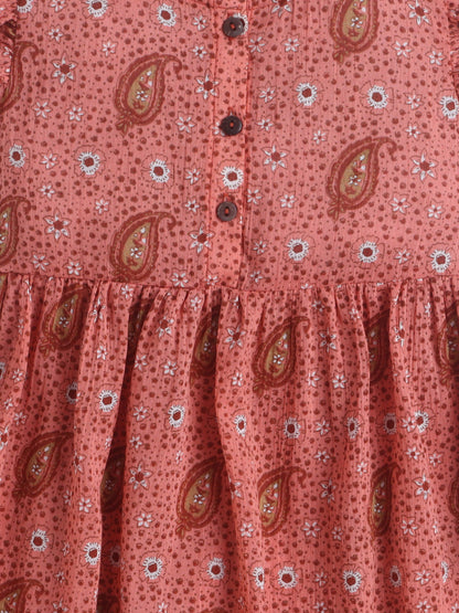 Girls Printed Woven Frock- Brown Leaf AOP