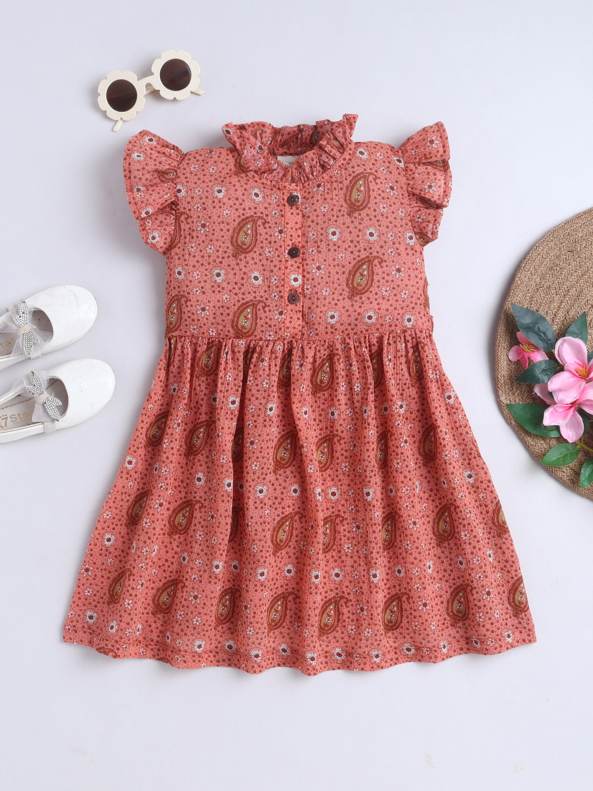 Girls Printed Woven Frock- Brown Leaf AOP