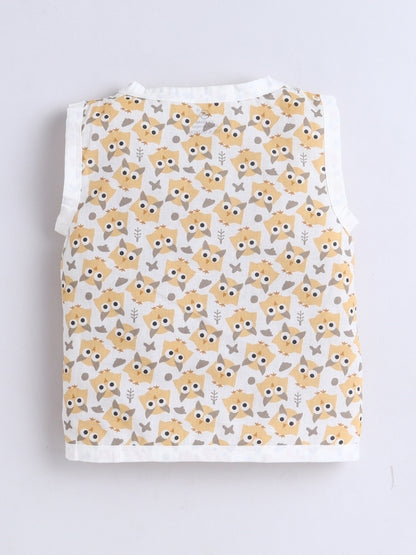 New Born Cotton Woven Jhabla Set - Yellow Owl