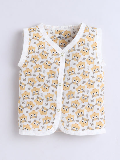 New Born Cotton Woven Jhabla Set - Yellow Owl