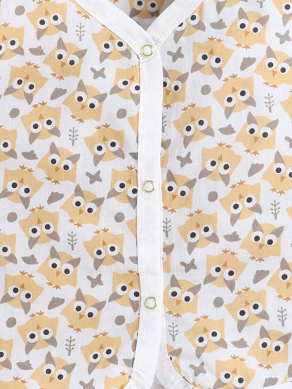 New Born Cotton Woven Jhabla Set - Yellow Owl