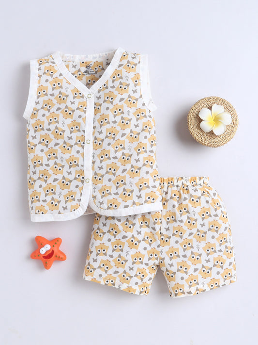 New Born Cotton Woven Jhabla Set - Yellow Owl