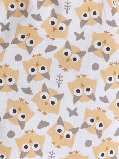 New Born Cotton Woven Jhabla Set - Yellow Owl