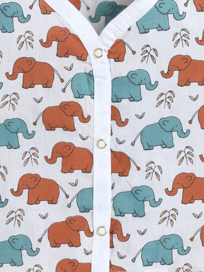 New Born Cotton Woven Jhabla Set - Baby Elephant Multicolor
