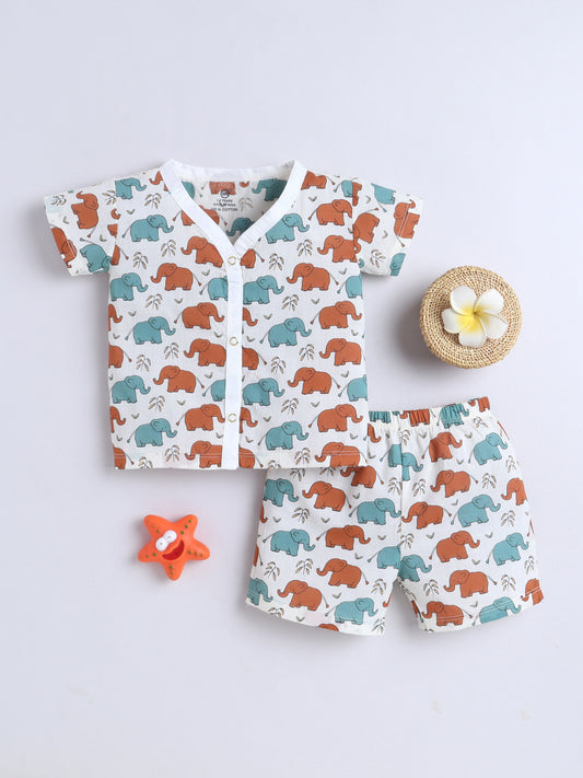 New Born Cotton Woven Jhabla Set - Baby Elephant Multicolor