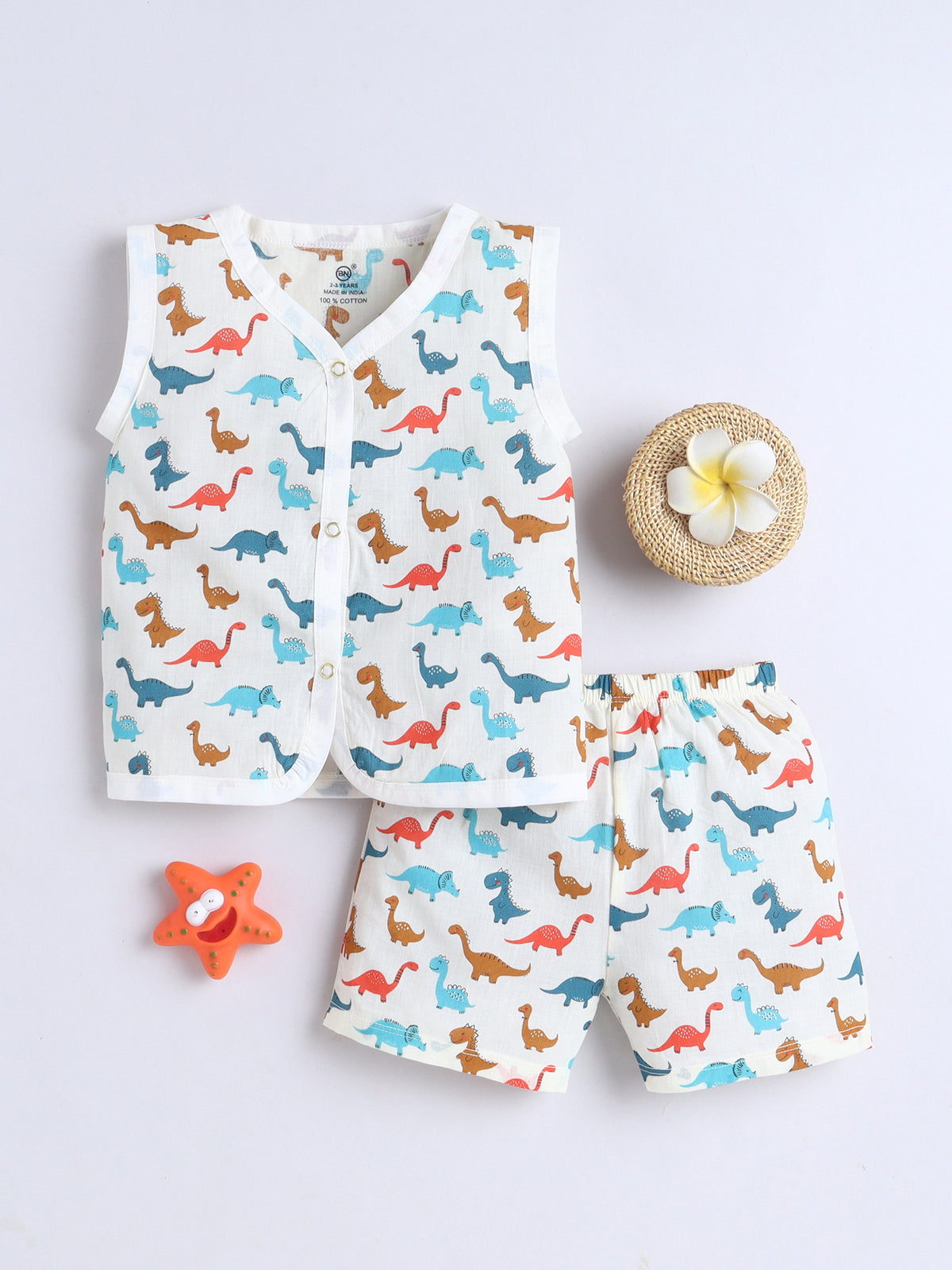 New Born Cotton Woven Jhabla Set - Dino
