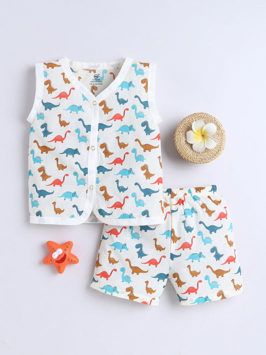 New Born Cotton Woven Jhabla Set - Dino