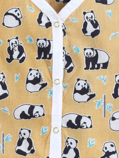 New Born Cotton Woven Jhabla Set - Yellow Panda