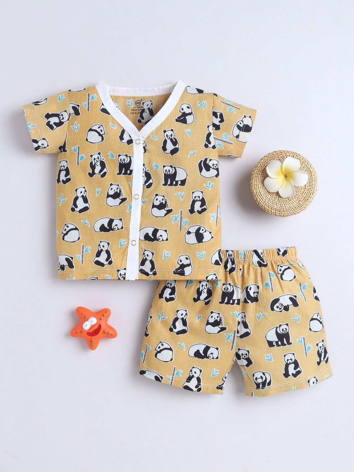 New Born Cotton Woven Jhabla Set - Yellow Panda