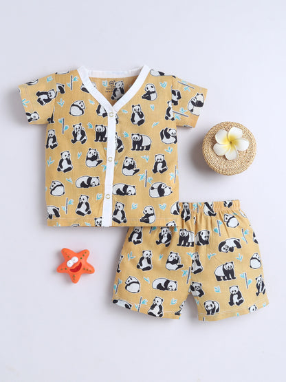 New Born Cotton Woven Jhabla Set - Yellow Panda