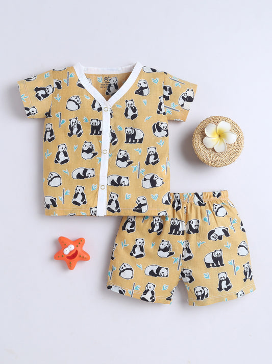 New Born Cotton Woven Jhabla Set - Yellow Panda
