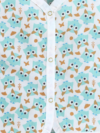 New Born Cotton Woven Jhabla Set - Blue Owl