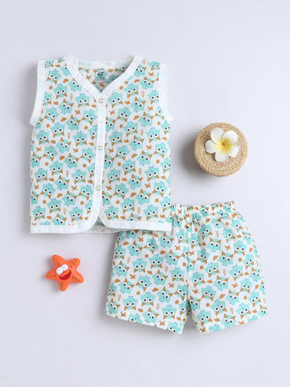 New Born Cotton Woven Jhabla Set - Blue Owl
