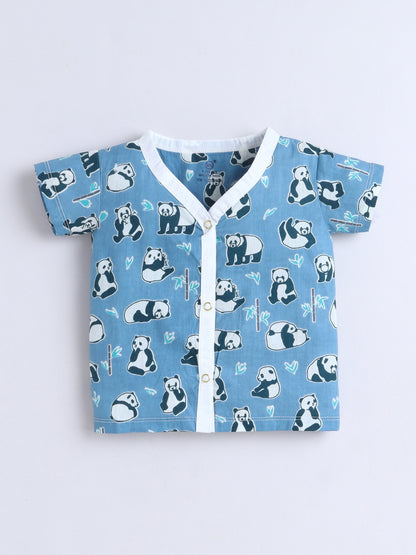 New Born Cotton Woven Jhabla Set - Blue Panda