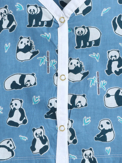 New Born Cotton Woven Jhabla Set - Blue Panda