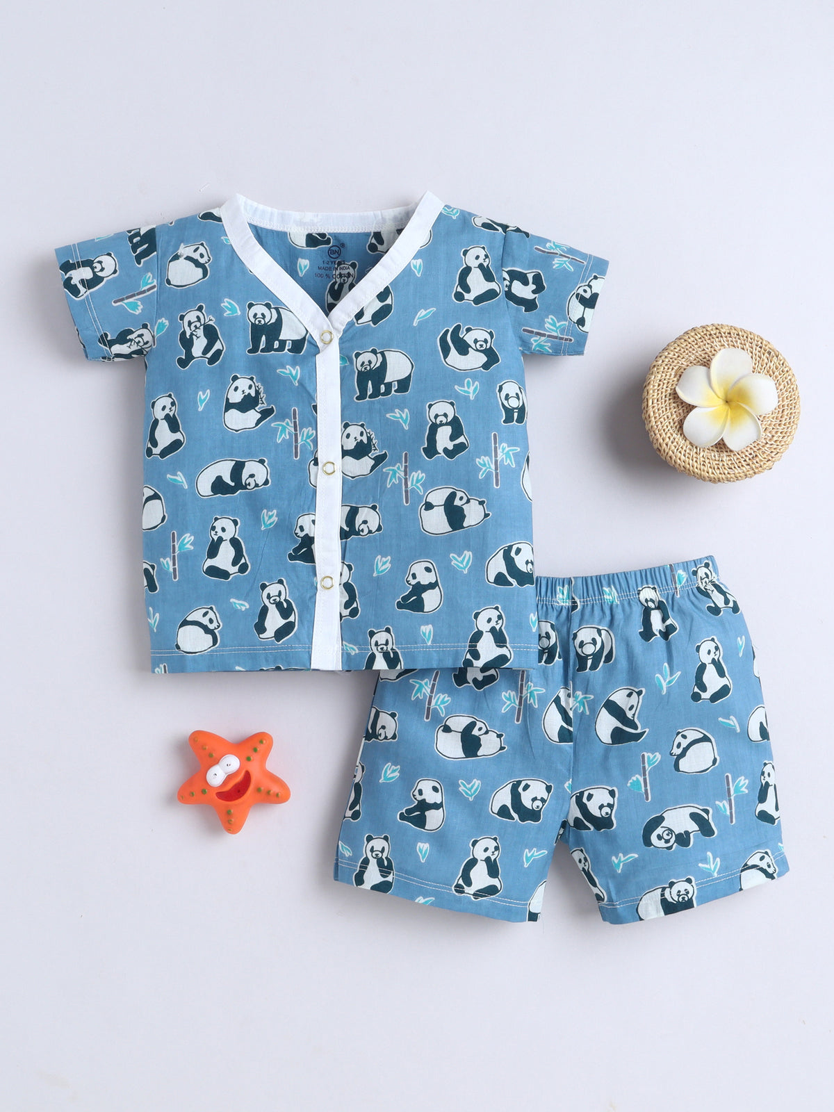 New Born Cotton Woven Jhabla Set - Blue Panda