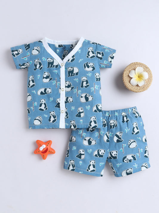 New Born Cotton Woven Jhabla Set - Blue Panda