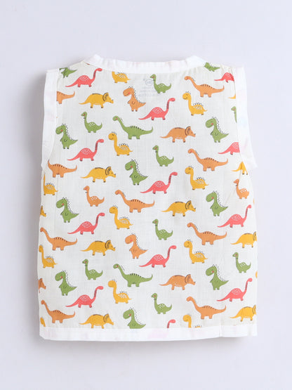 New Born Cotton Woven Jhabla Set - Multicolor Dino