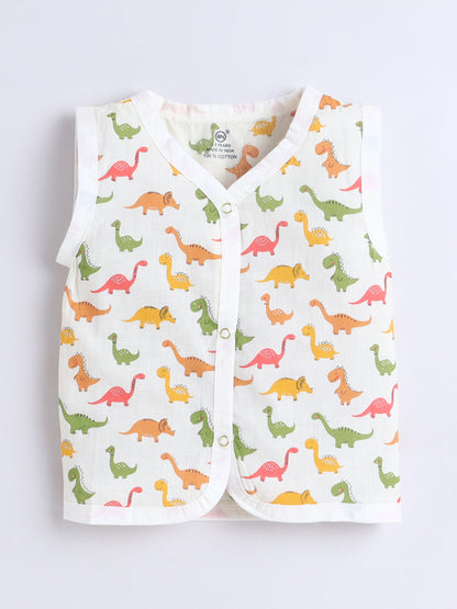 New Born Cotton Woven Jhabla Set - Multicolor Dino