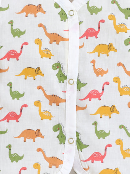 New Born Cotton Woven Jhabla Set - Multicolor Dino