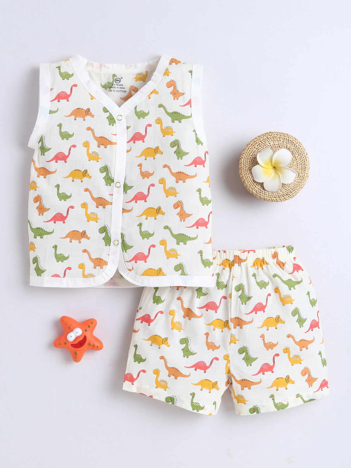 New Born Cotton Woven Jhabla Set - Multicolor Dino