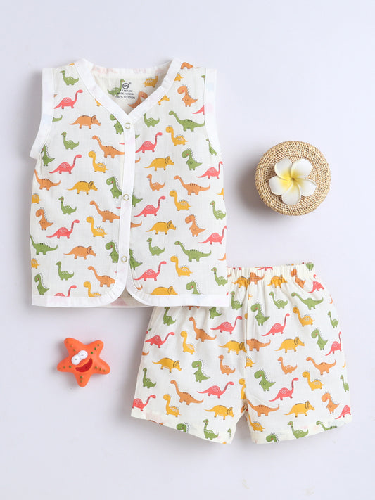 New Born Cotton Woven Jhabla Set - Multicolor Dino