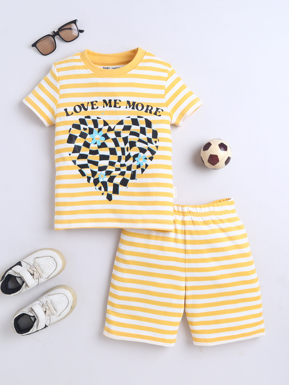 Baby Nation Cotton Knit Half Sleeves Coordinating Shorts Set - Yellow Stripe Heart