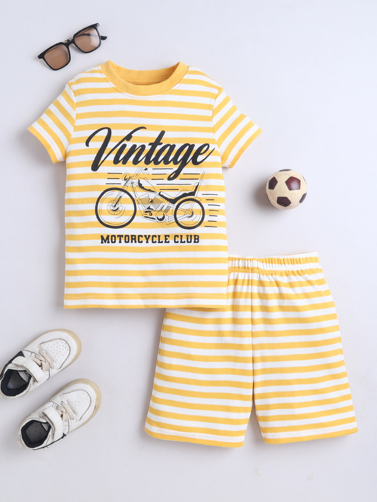 Baby Nation Cotton Knit Half Sleeves Coordinating Shorts Set - Yellow Stripe Bike