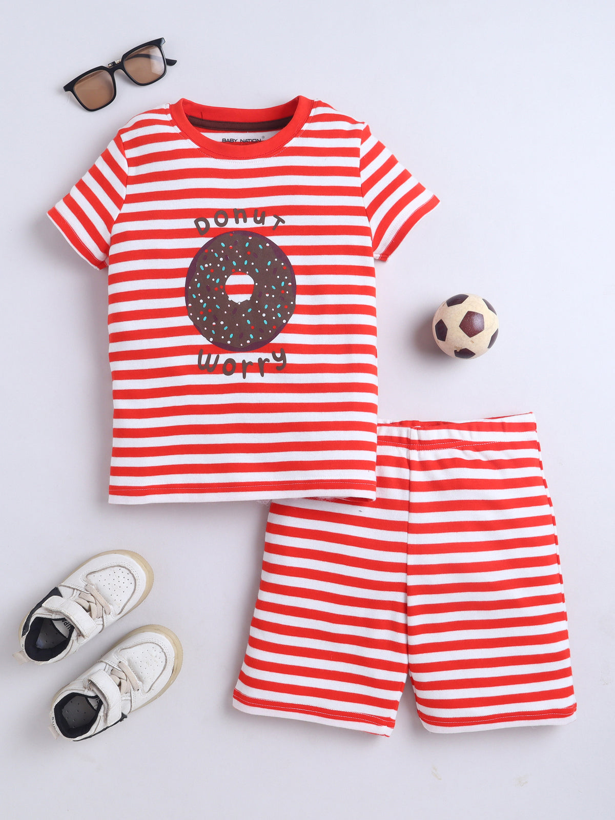 Baby Nation Cotton Knit Half Sleeves Donut Coordinating Shorts Set - Red Donut