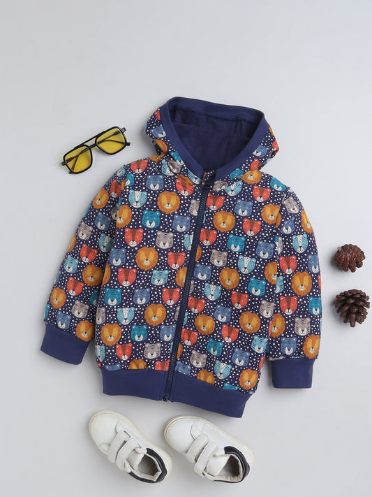 Unisex Kids Animal Print Zipper Hoodie – Navy Blue