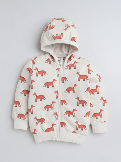 Unisex Kids Fox Print Zipper Hoodie – Beige