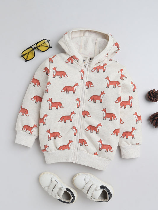 Unisex Kids Fox Print Zipper Hoodie – Beige