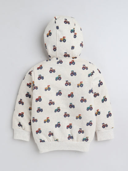 Unisex Printed Winter Hoodie – Cream Tractor Design
