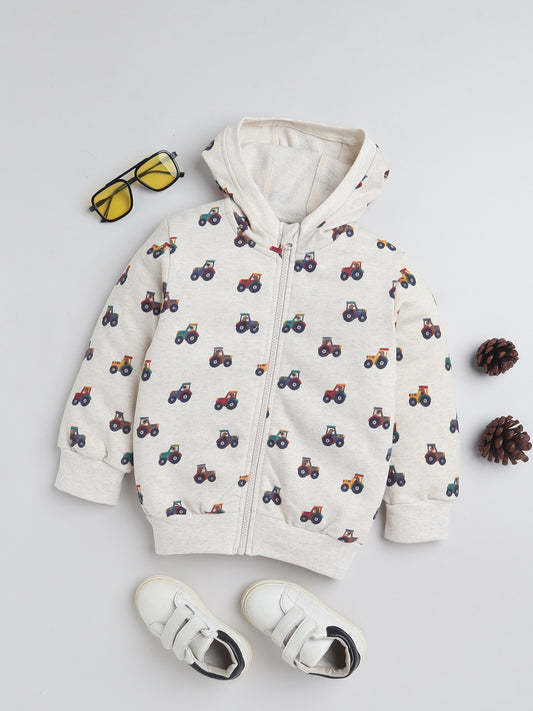 Unisex Printed Winter Hoodie – Cream Tractor Design