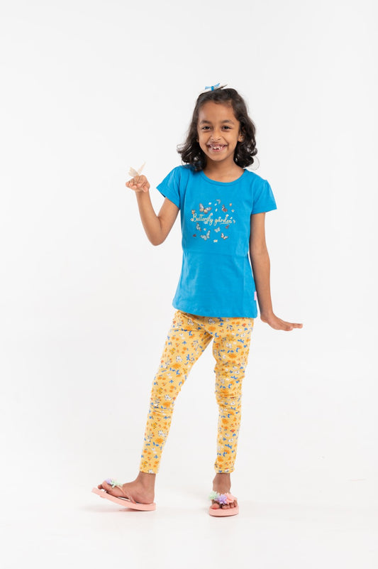 Bright Blue Printed T-Shirt with Yellow Flower Printed Leggings