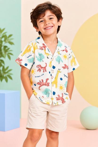 Boys Cotton Printed Shirt - White Animals